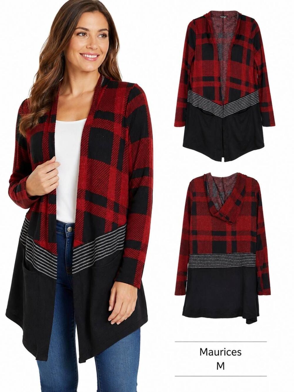 Maurices Hooded Open Front Cardigan Red Black Plaid Colorblock Knit Women’s M